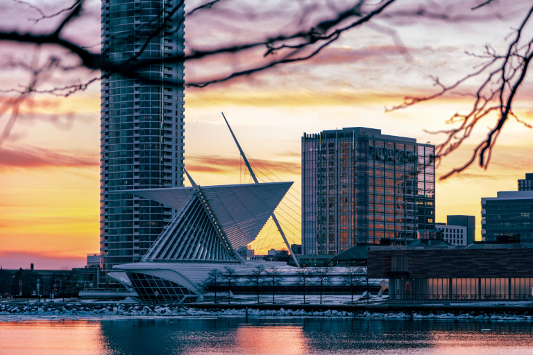 Milwaukee skyline at sunset along the lakefront